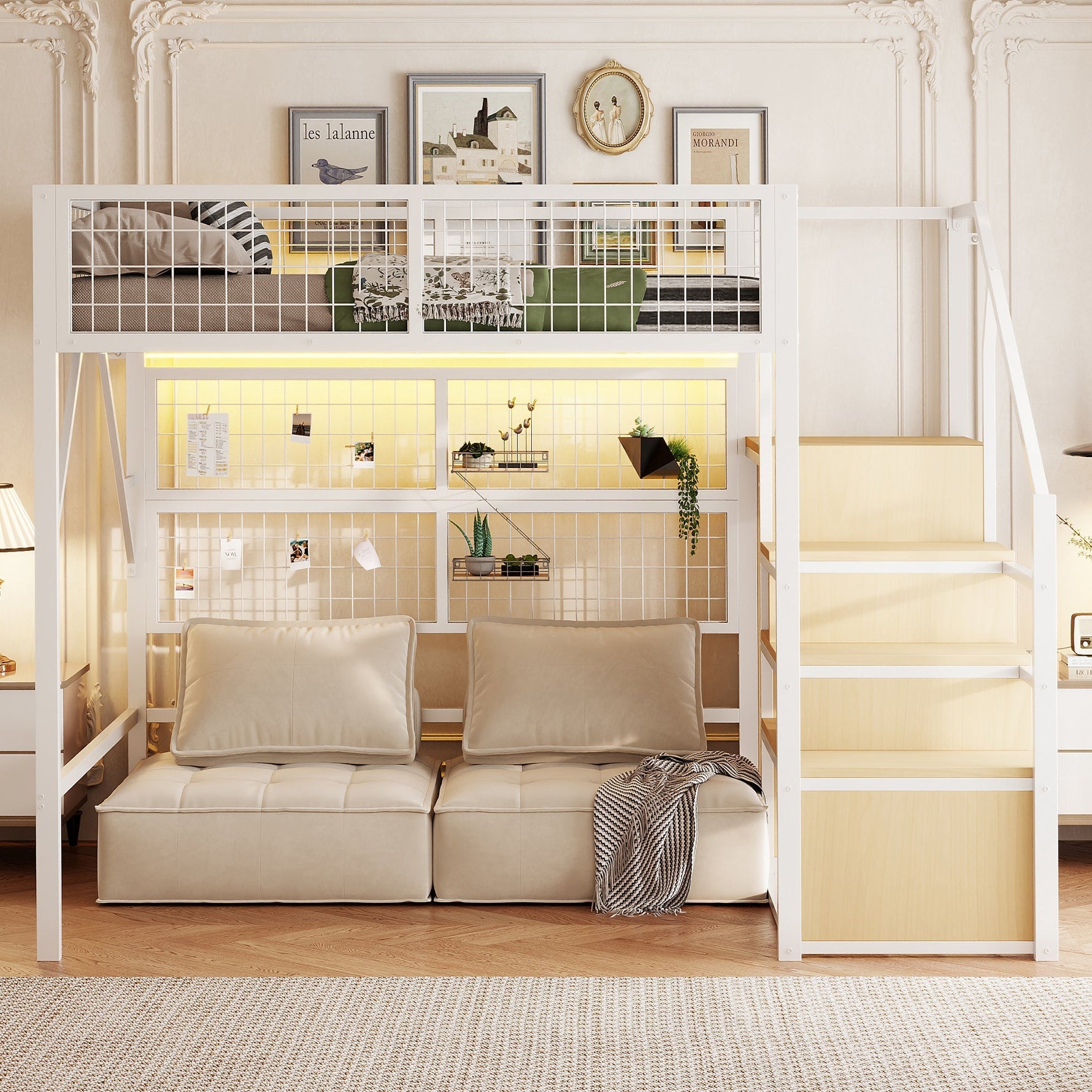 Loft Bed, 140x200 with LED Light Strips & Storage Stairs, Metal White