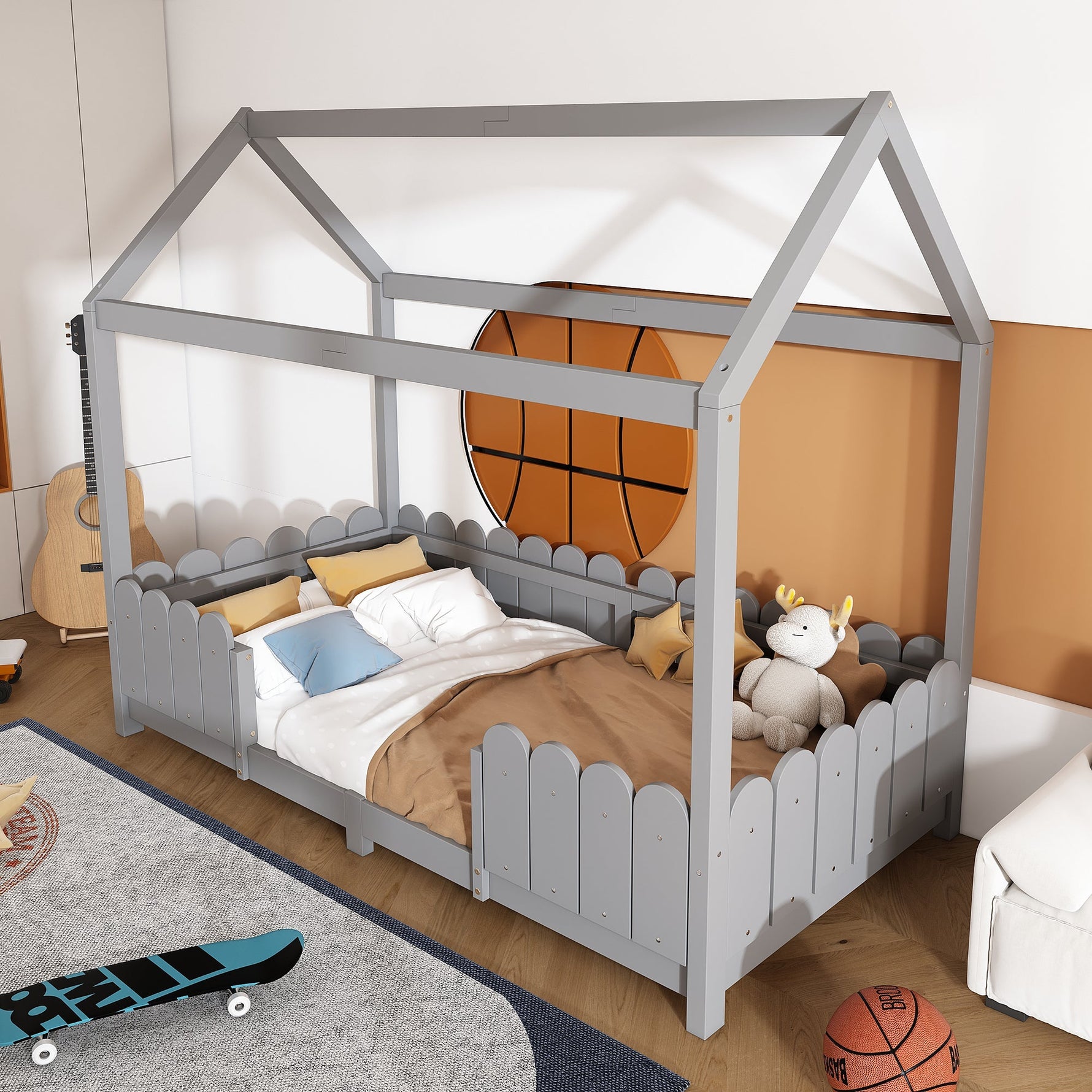 House Bed 90x200cm Versatile Children's Bed with Fall Protection and Slatted Frame, Grey