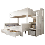 Bunk Bed with Ladder, Wardrobe, & Drawers, Sleigh Design 90/140x200cm Wooden White