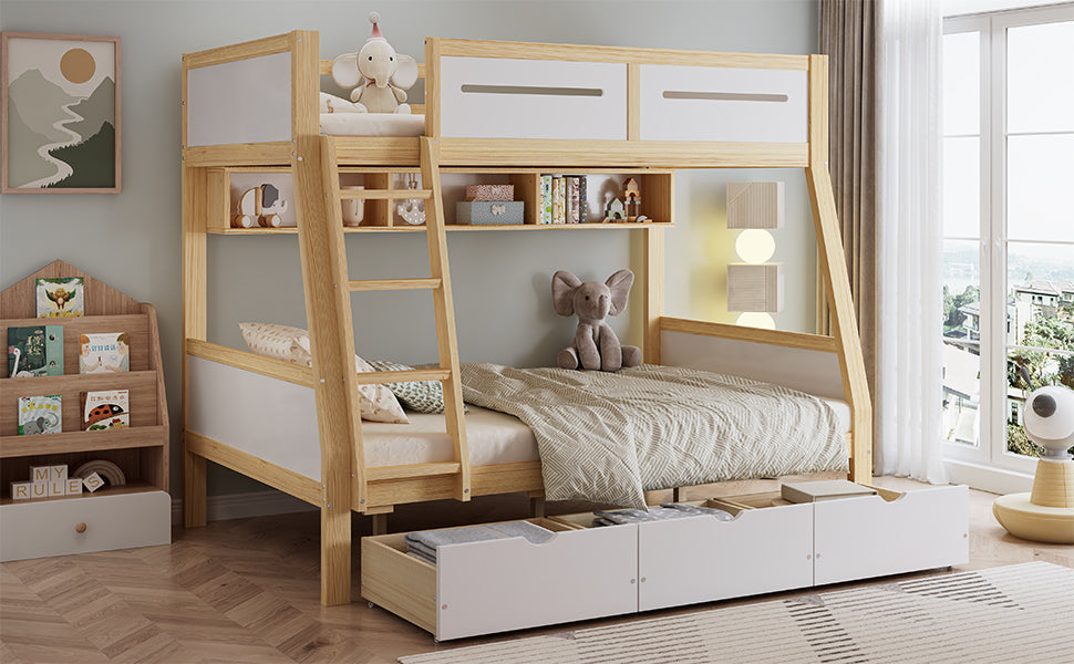 Bunk Bed, 3 Drawers, Book Stand, Fenced, Stepladder, Pine + MDF + Plywood, White + Natural