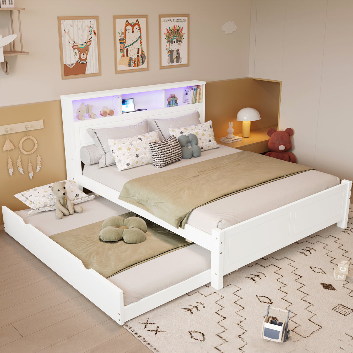 Double Bed with Trundle, Storage & LED Light, White Pine Frame