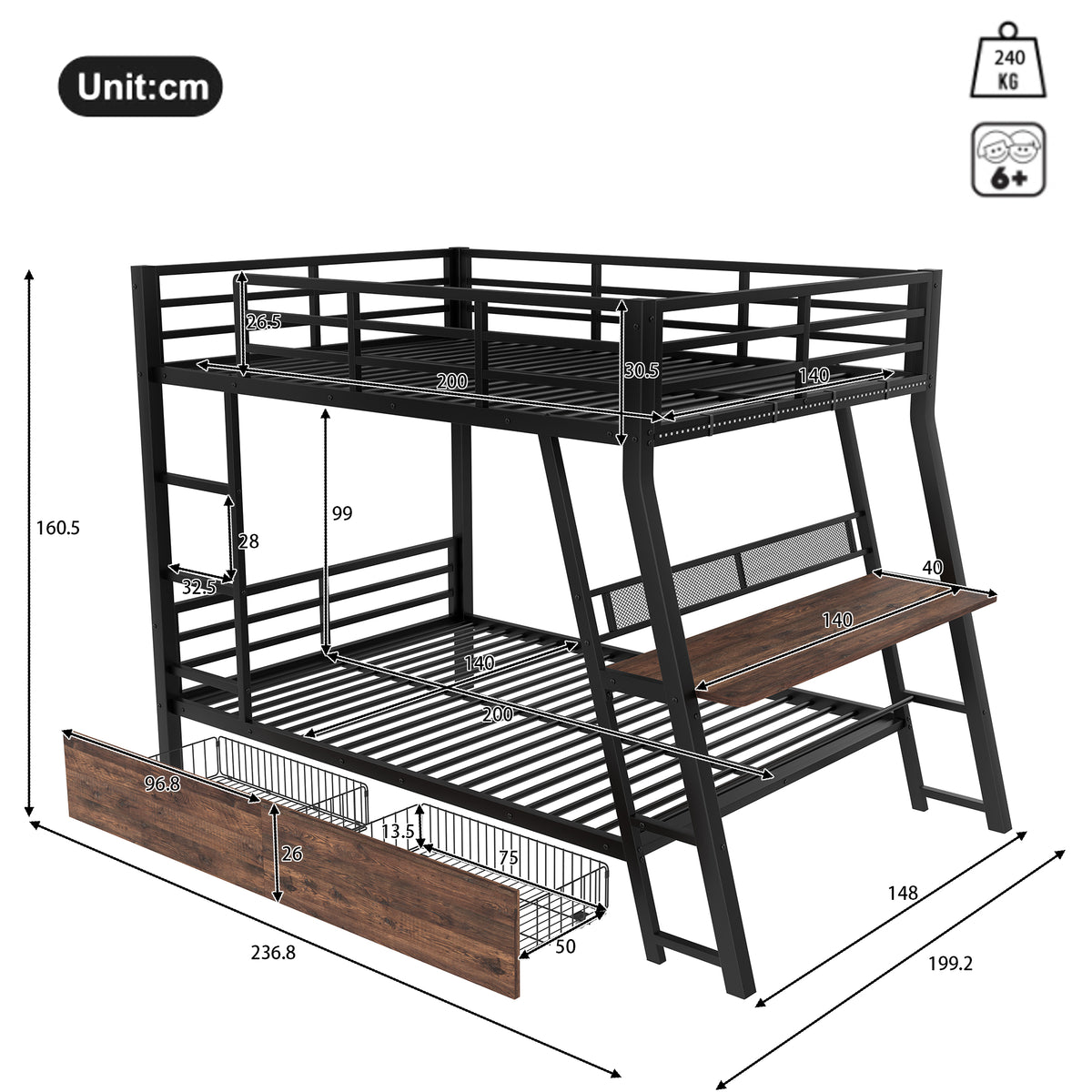 Loft Bed 140x200cm with Desk, LED & Drawers, Black Iron