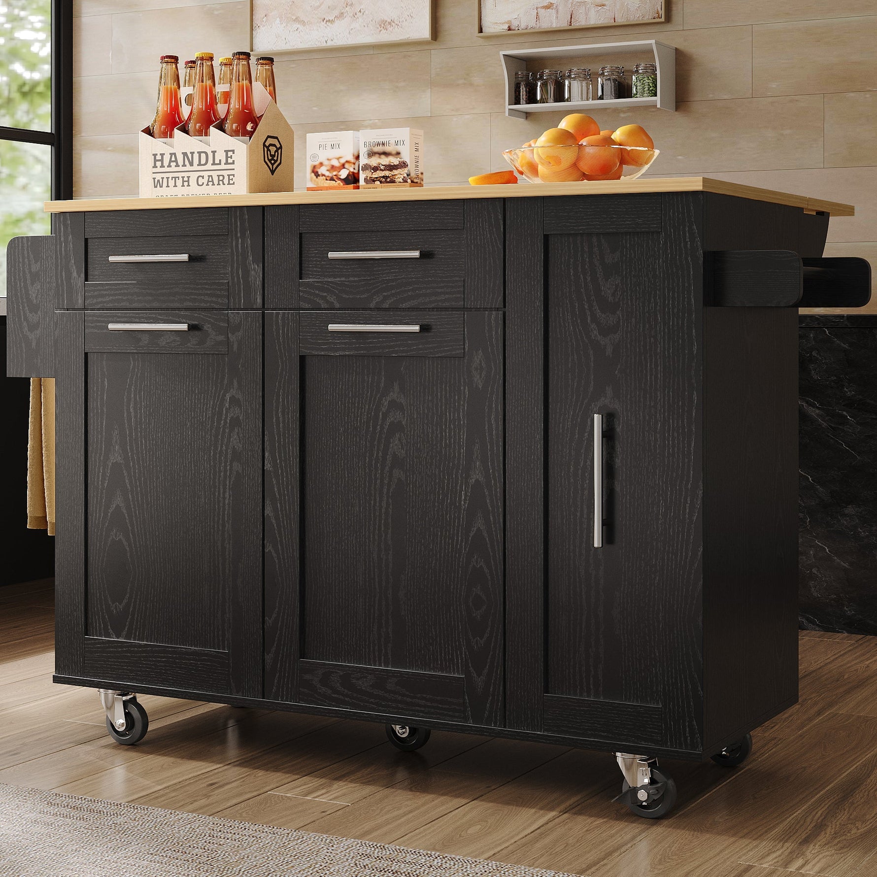Mobile Kitchen Island Dining Table Extendable Storage - Wood Grain Black