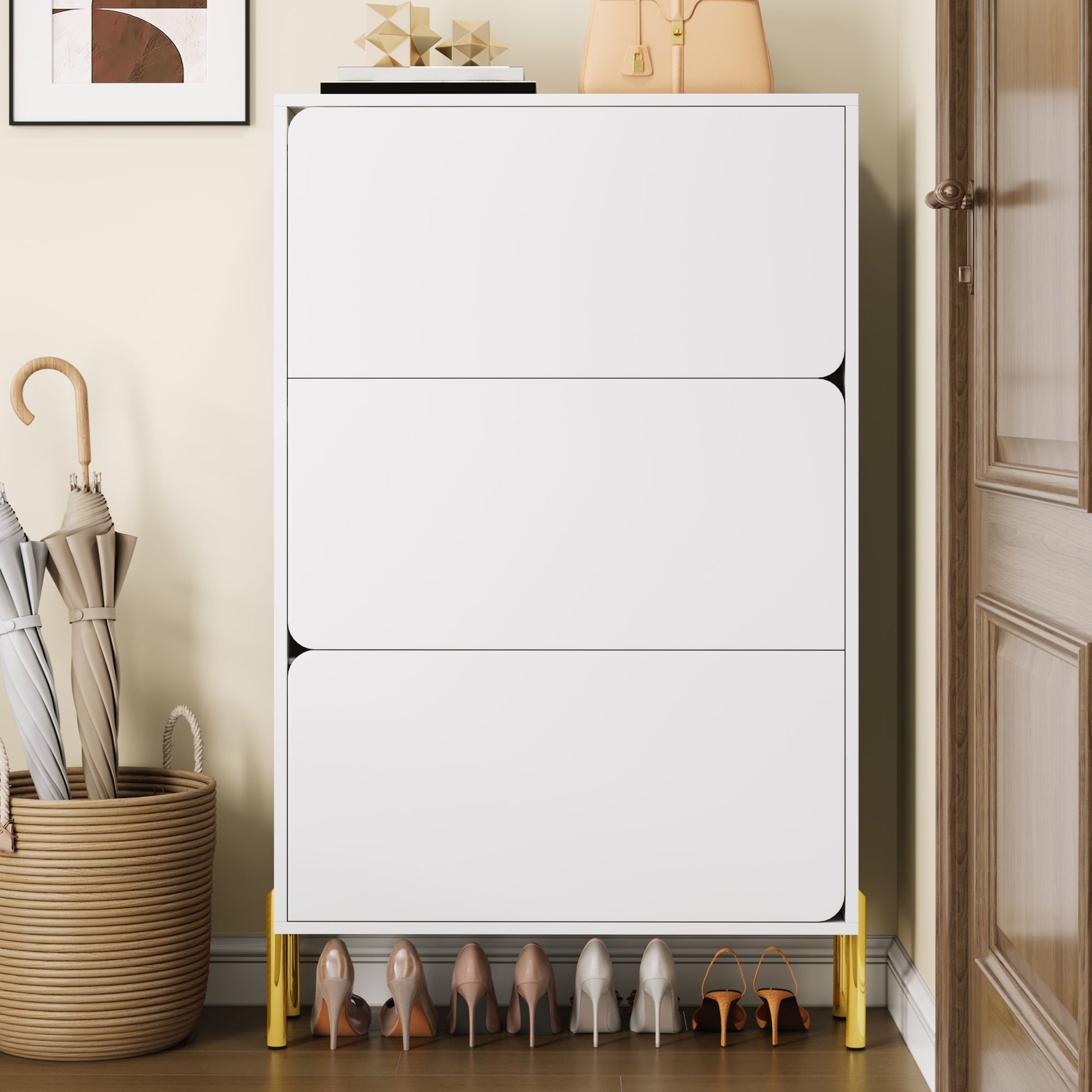 Modern Minimalist Shoe Cabinet with 3 Doors and Large Capacity, White and Gold