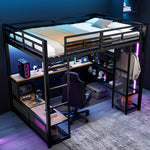 Loft Bed 140x200cm with Storage, Wardrobe & LED, Black Metal