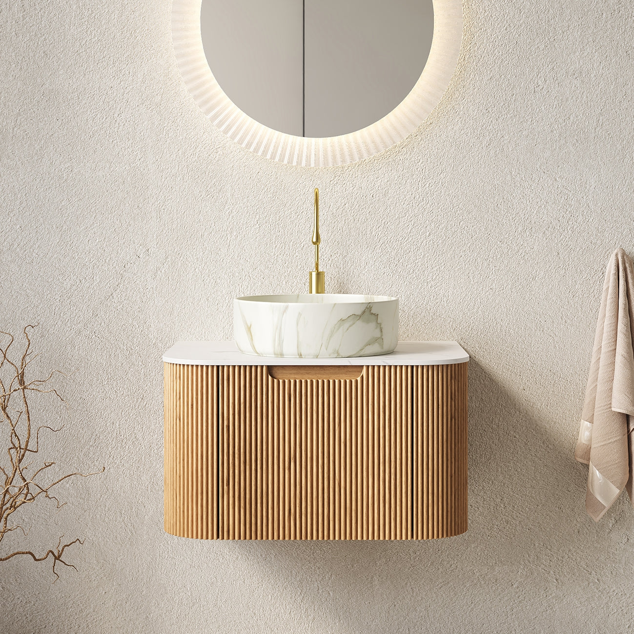 61cm Wall-Mounted Bathroom Vanity Unit with Ceramic Basin and Carrara White Top, Natural Wood Grain