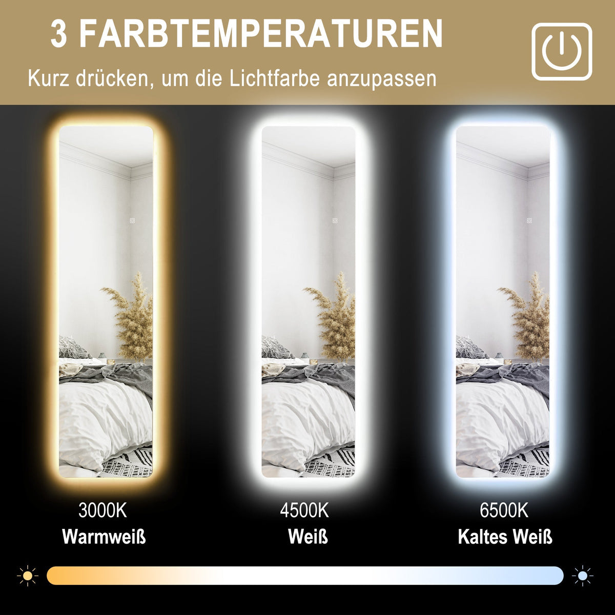 Full-Length Mirror, LED, 3 Light Colors, Transparent