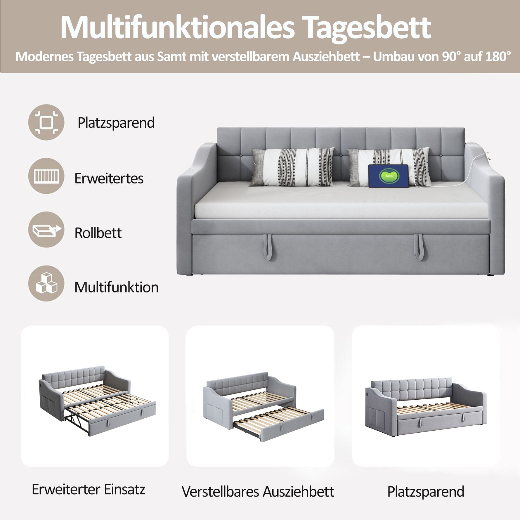 Upholstered Bed Sofa, 2-in-1 Multifunctional with Socket & Storage Bag, Light Grey Velvet