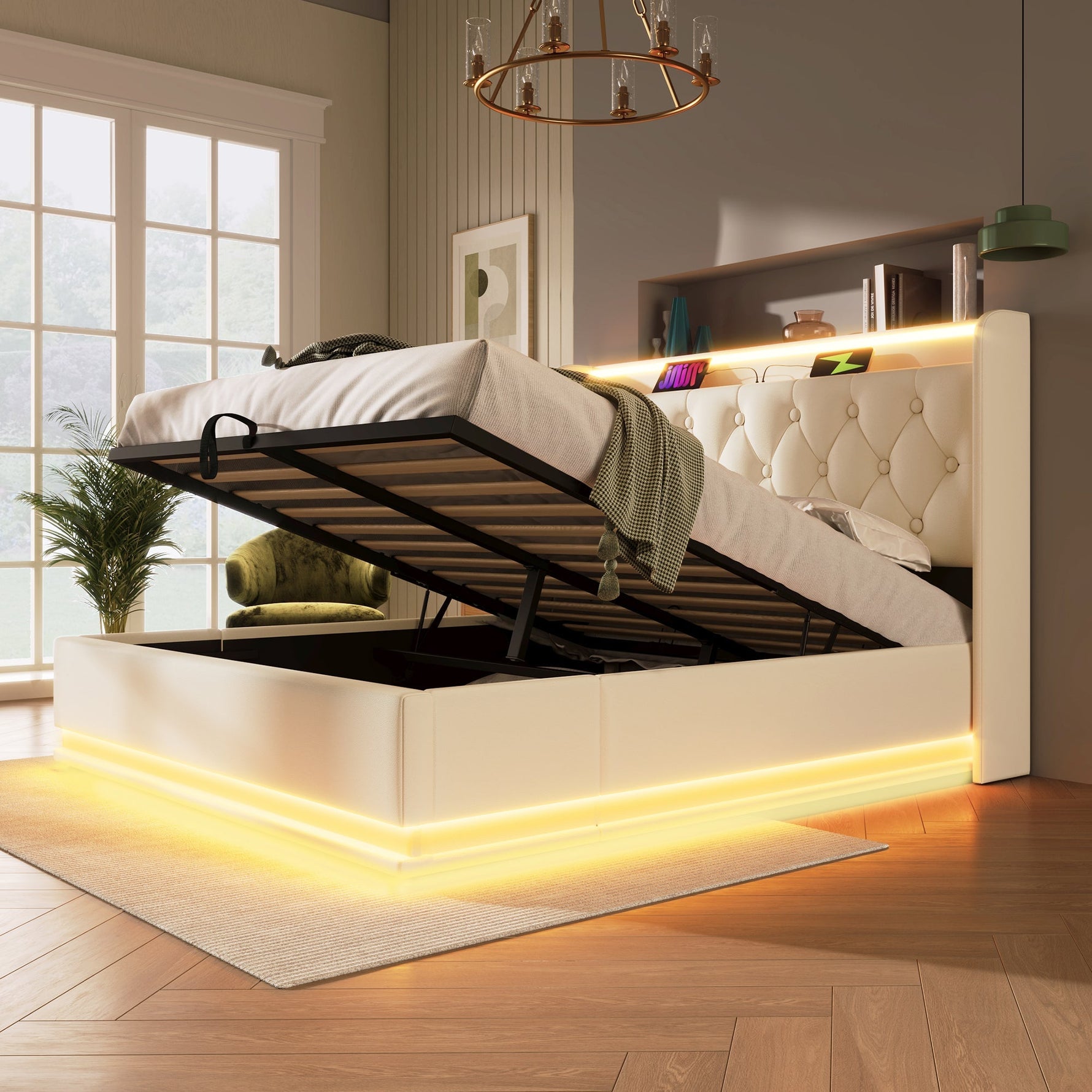 Upholstered Double Bed, 360° LED, Hydraulic Storage & USB-C Charging, White PU