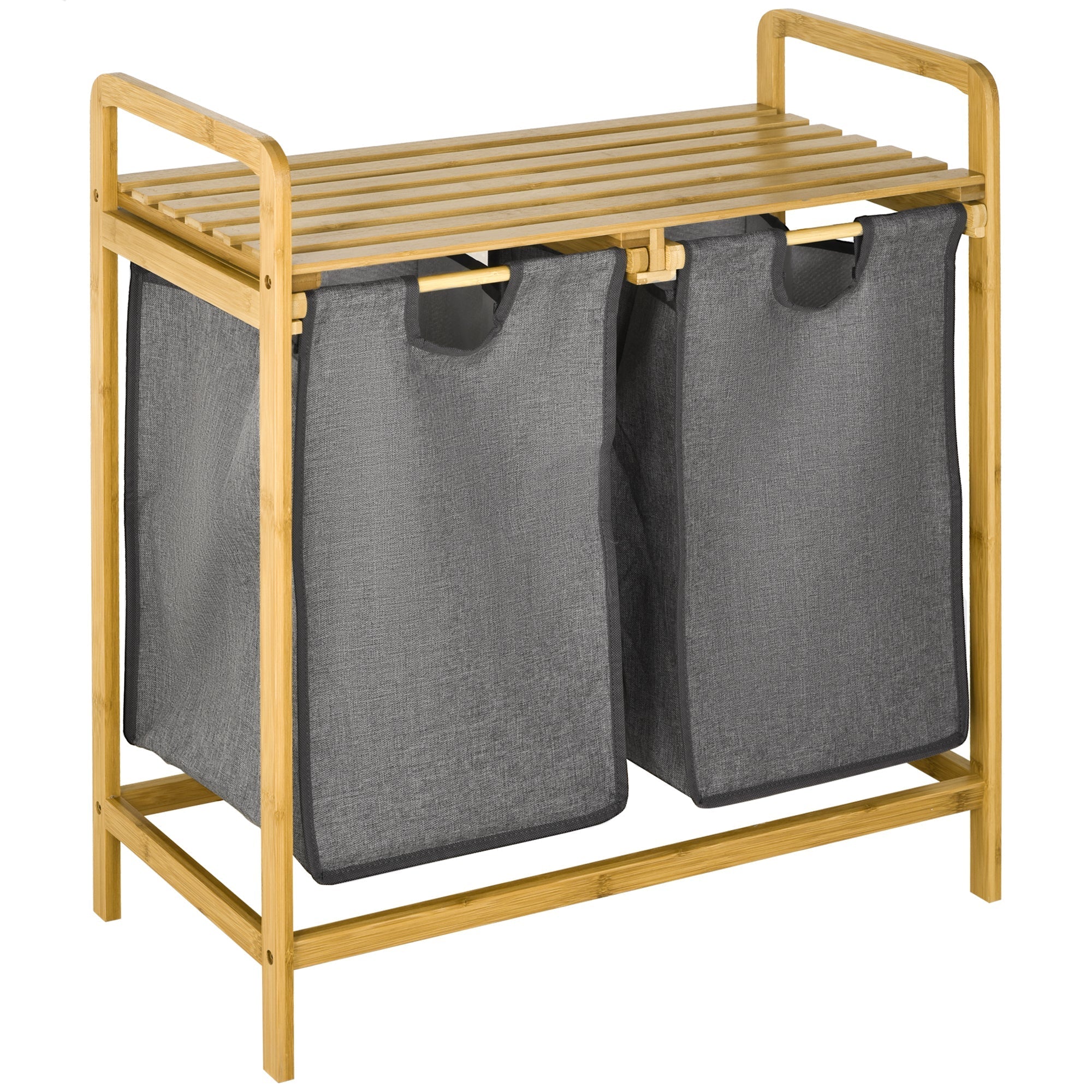 Laundry Basket with Platform, 2 Bags, Bamboo Grey+Natural
