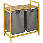 Laundry Basket with Platform, 2 Bags, Bamboo Grey+Natural