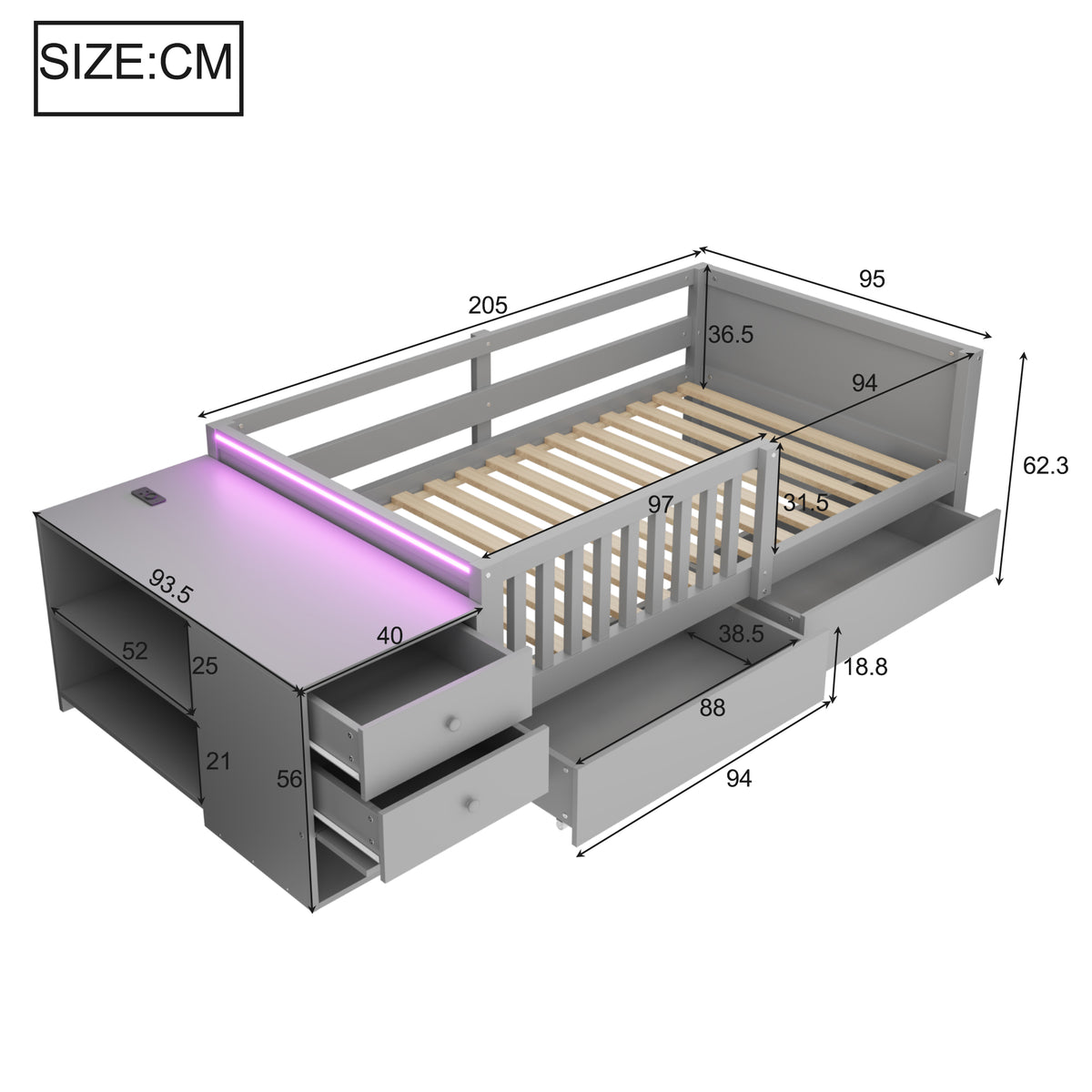 Children's Bed 90x200cm with Desk, LED & Storage Drawers, Grey