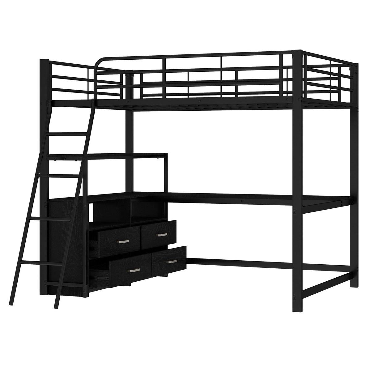 Loft Bed 140x200cm Iron Frame Drawers L-Shaped Desk - Black