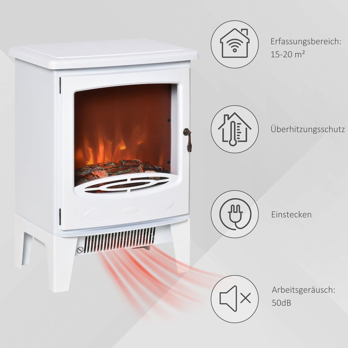 Electric Fireplace, LED Flame Effect 900/1800W, White Metal & ABS Plastic