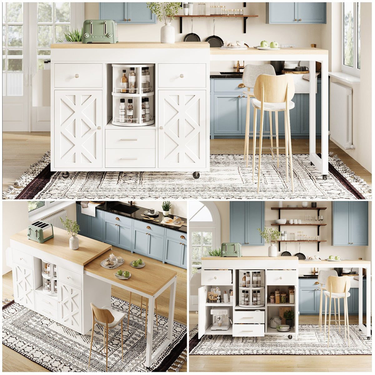 Modern Extendable Bar Table and Kitchen Trolley with Rotating Organizer and Adjustable Shelves, White