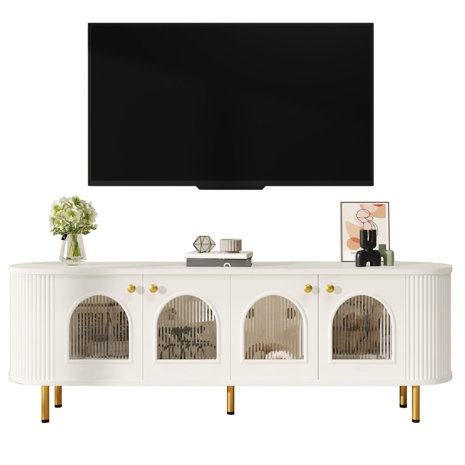 TV Cabinet Lowboard Glass Doors Storage Gold Handles/Legs