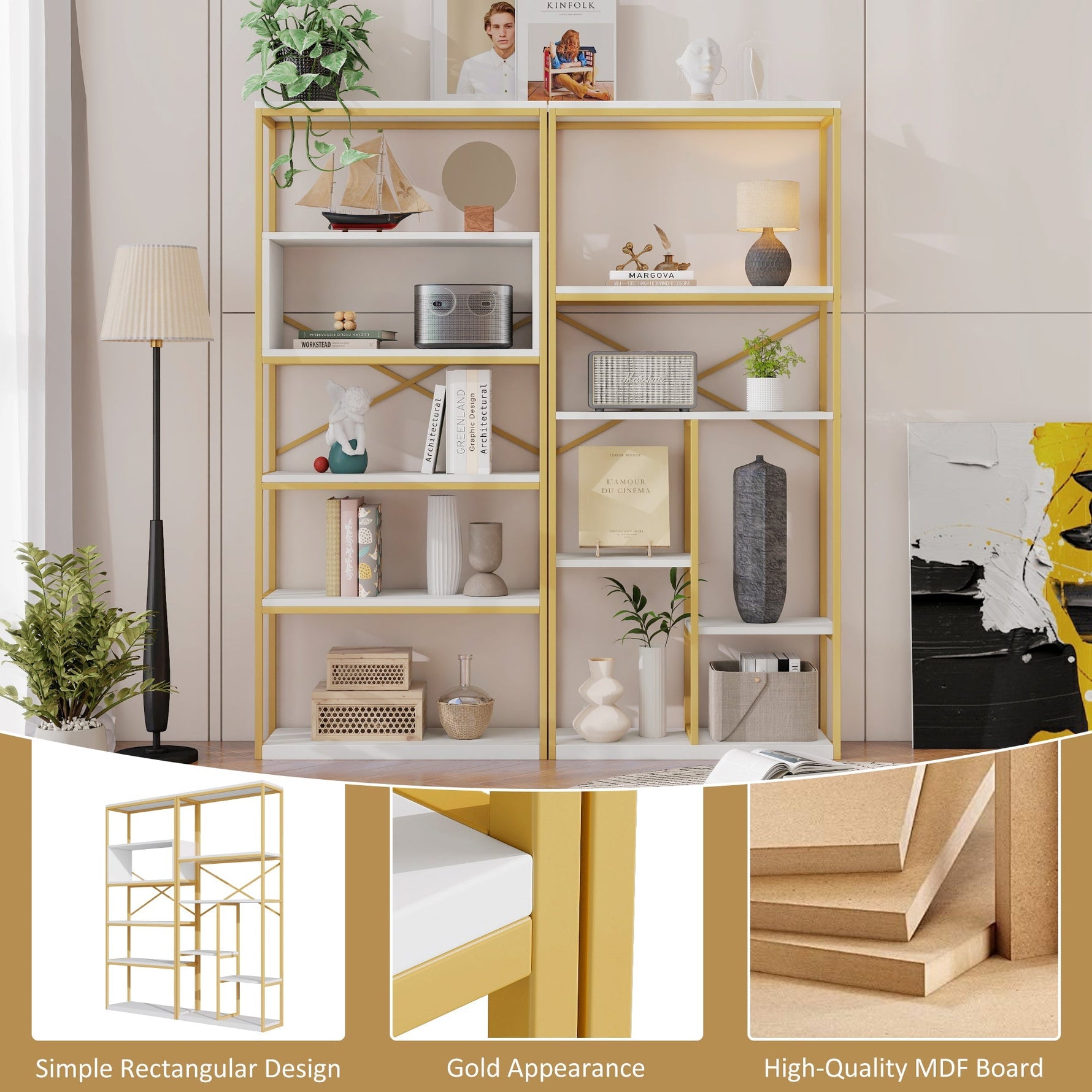 Modern Minimalist Shelf with Multi-Tier Storage and Steel Frame, Gold and White