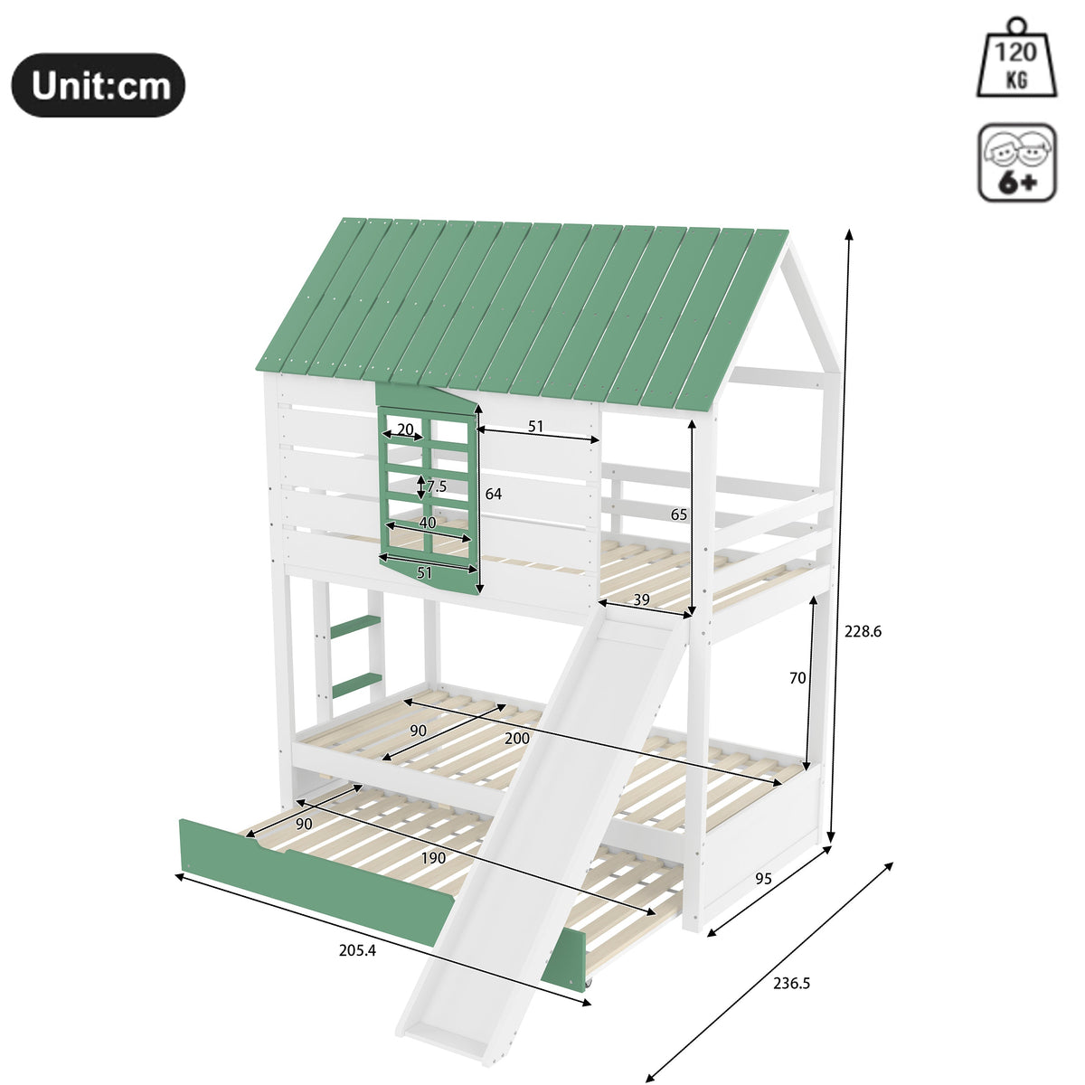 House Bunk Bed, 90X200 with Slide and Pull-Out Bed, White+Green