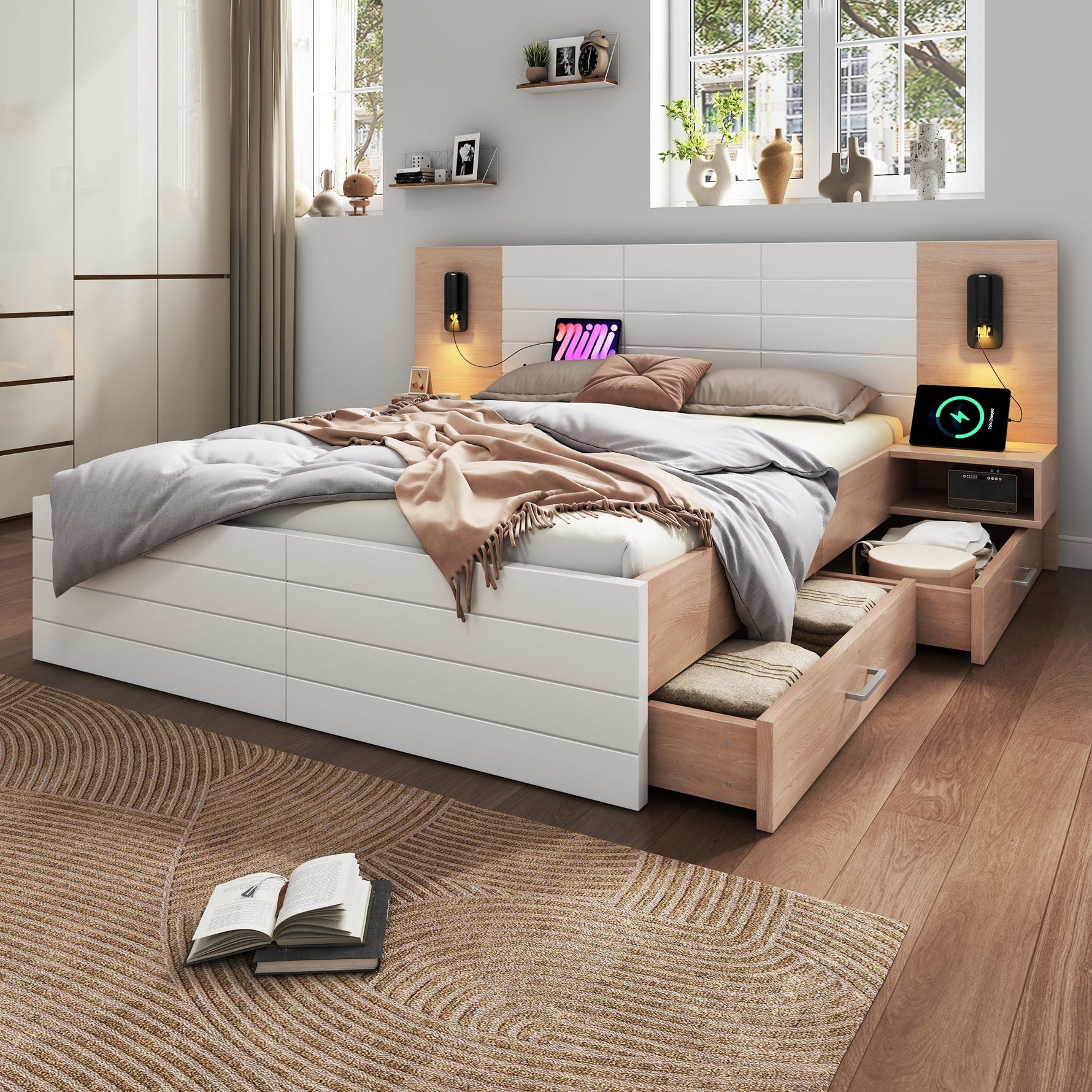 Double Wooden Bed, 180x200cm with 2 Drawers & USB Reading Light, Oak/White