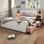 Double Wooden Bed, 160x200cm with 2 Drawers, Reading Light & USB, Oak/White