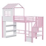 House Loft Bed 90x200cm with Storage Shelf & Stairs, Pink Iron