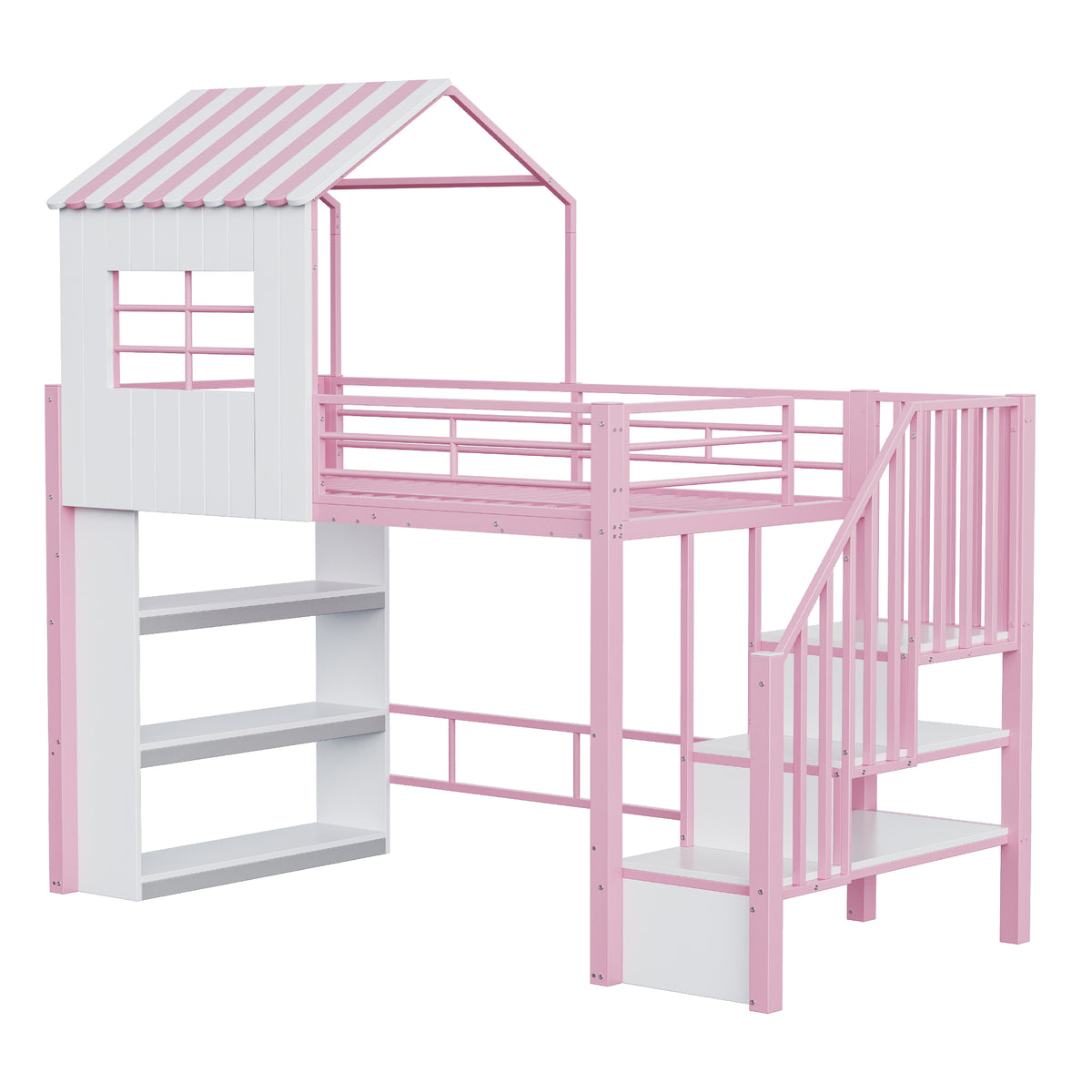 House Loft Bed 90x200cm with Storage Shelf & Stairs, Pink Iron
