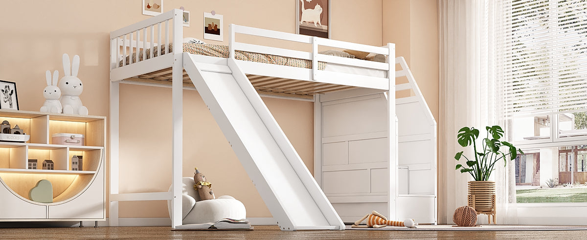 Children's Bunk Bed 90x200cm with Slide & Storage Ladder, White