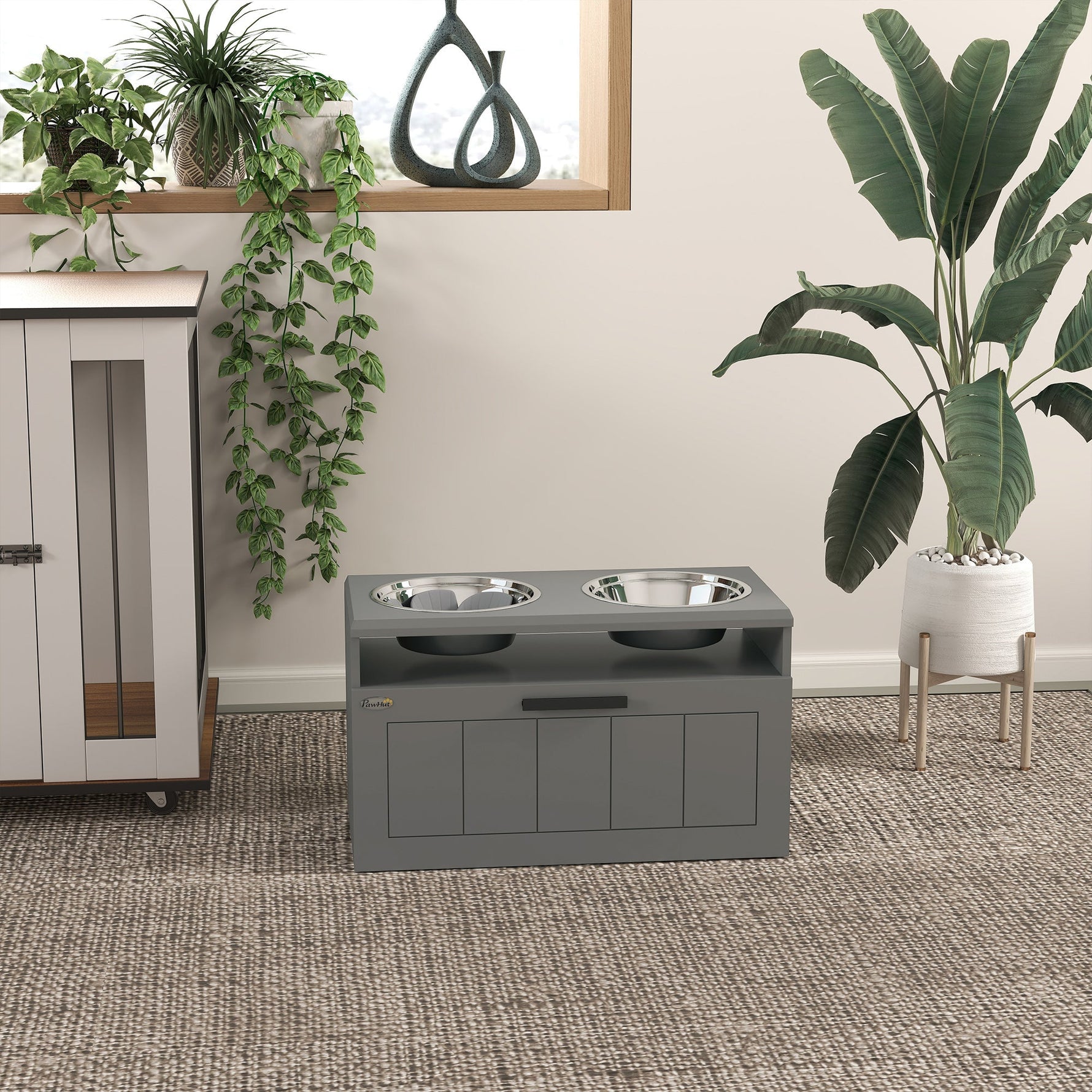 Dog Bowls, Elevated Feeding Station with 2 Stainless Steel Bowls, Gray