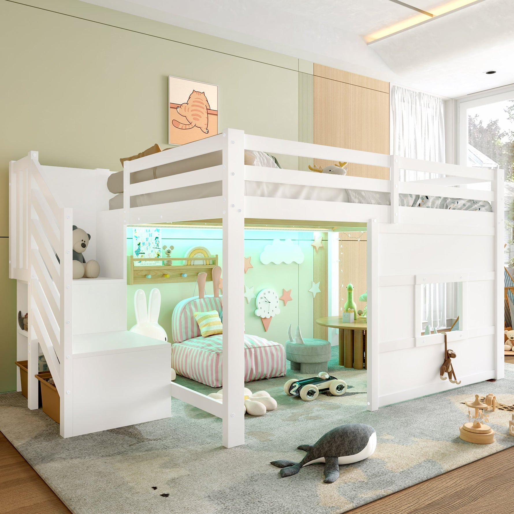 Loft Bed 140x200 with Storage Stairs and Window, White