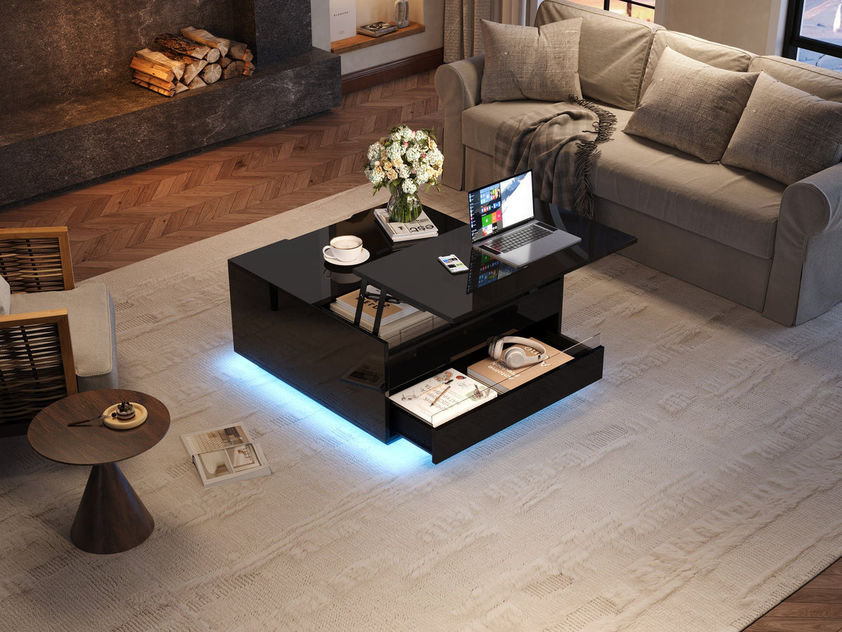 Living Room Coffee Table, Liftable with LED Light Strip, 1 Drawer, Hidden Storage & Flip-Up Doors, High-Gloss Black