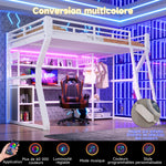 Loft Bed 140x200cm with Desk & Shelves, Light Strip, White Iron