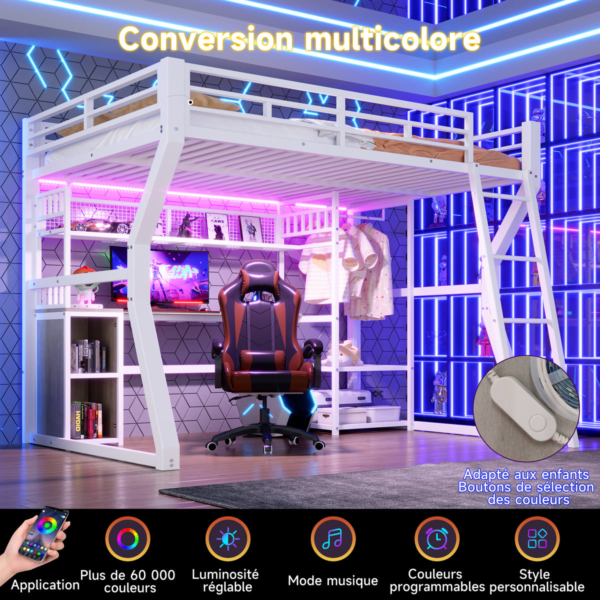 Loft Bed 140x200cm with Desk & Shelves, Light Strip, White Iron