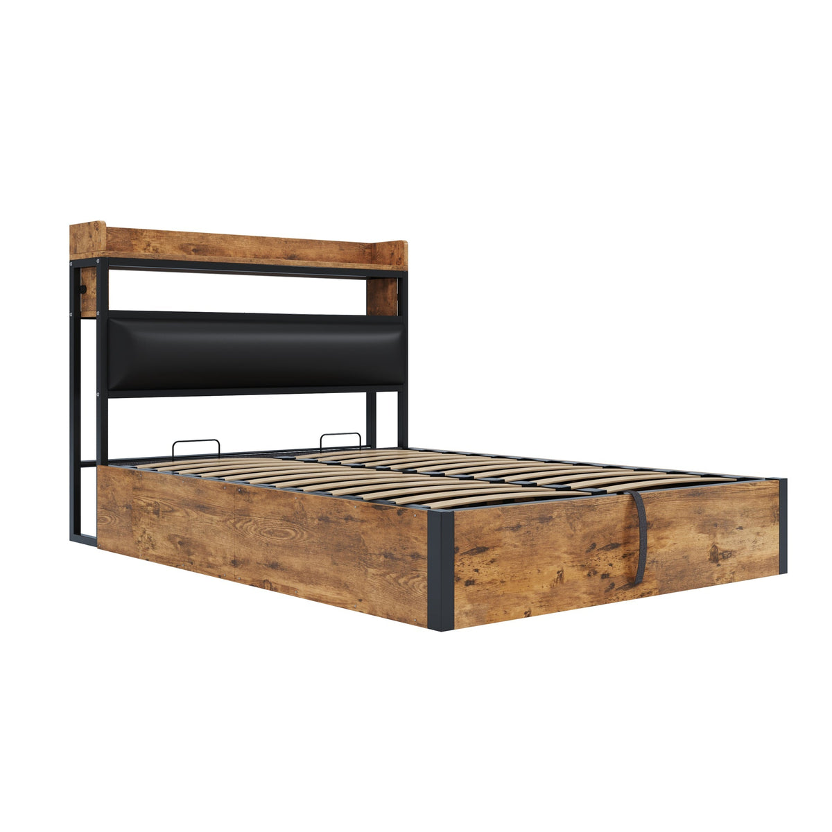 Bed Frame, 140x200, Hydraulic Lift, USB, Upholstered Headboard, Hidden Storage, Wood and Metal, Black