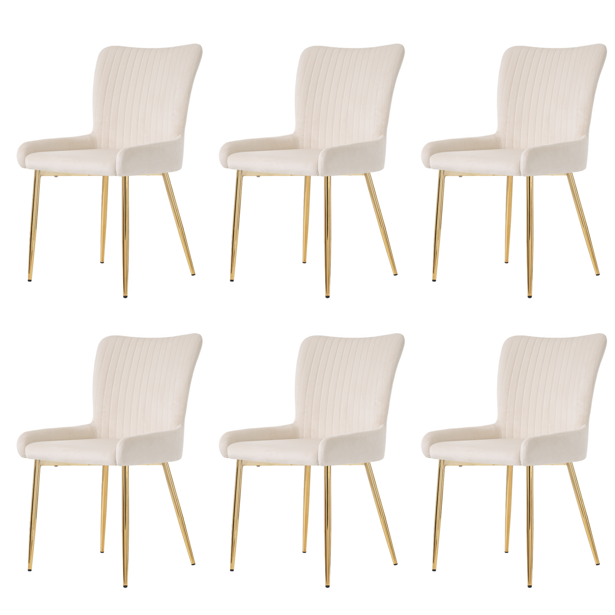 Velvet Dining Chair Set of 6 with Gold Metal Legs and Lumbar Support, Beige