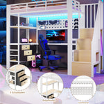 Loft Bed 90x200cm with Desk, Drawer & LED - White Metal