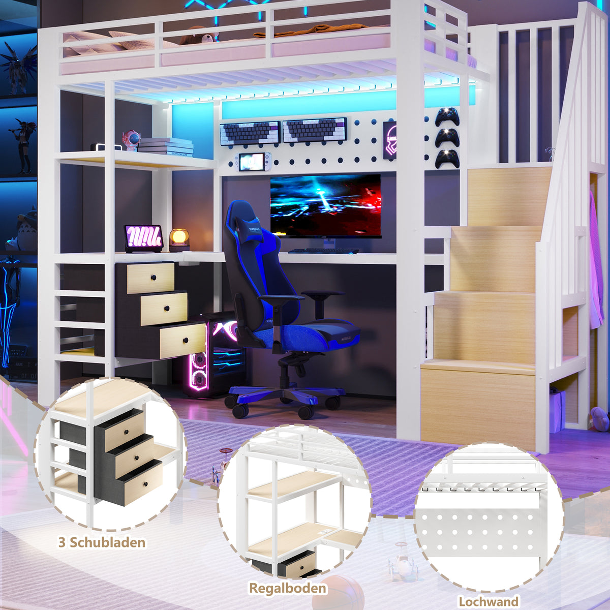 Loft Bed 90x200cm with Desk, Drawer & LED - White Metal