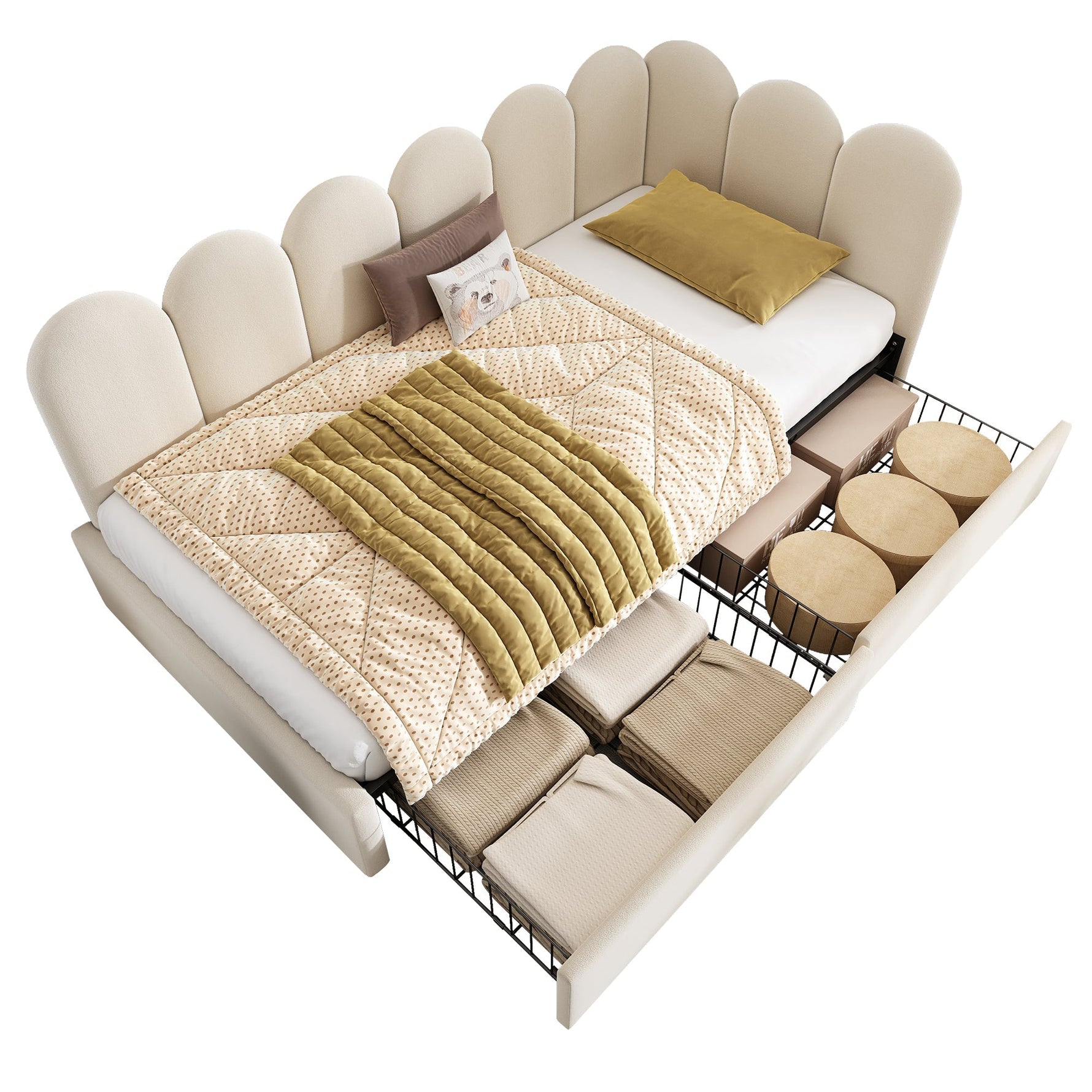 Upholstered Single Bed with Storage Drawers and Slatted Frame, Beige Samt