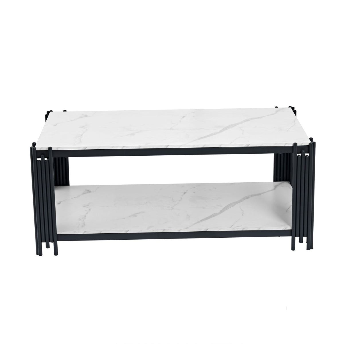 Rectangular Coffee Table Modern Marble-Effect Top Metal Legs White and Black