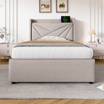 Upholstered Bed, Single with Storage & USB Type-C Headboard, Linen