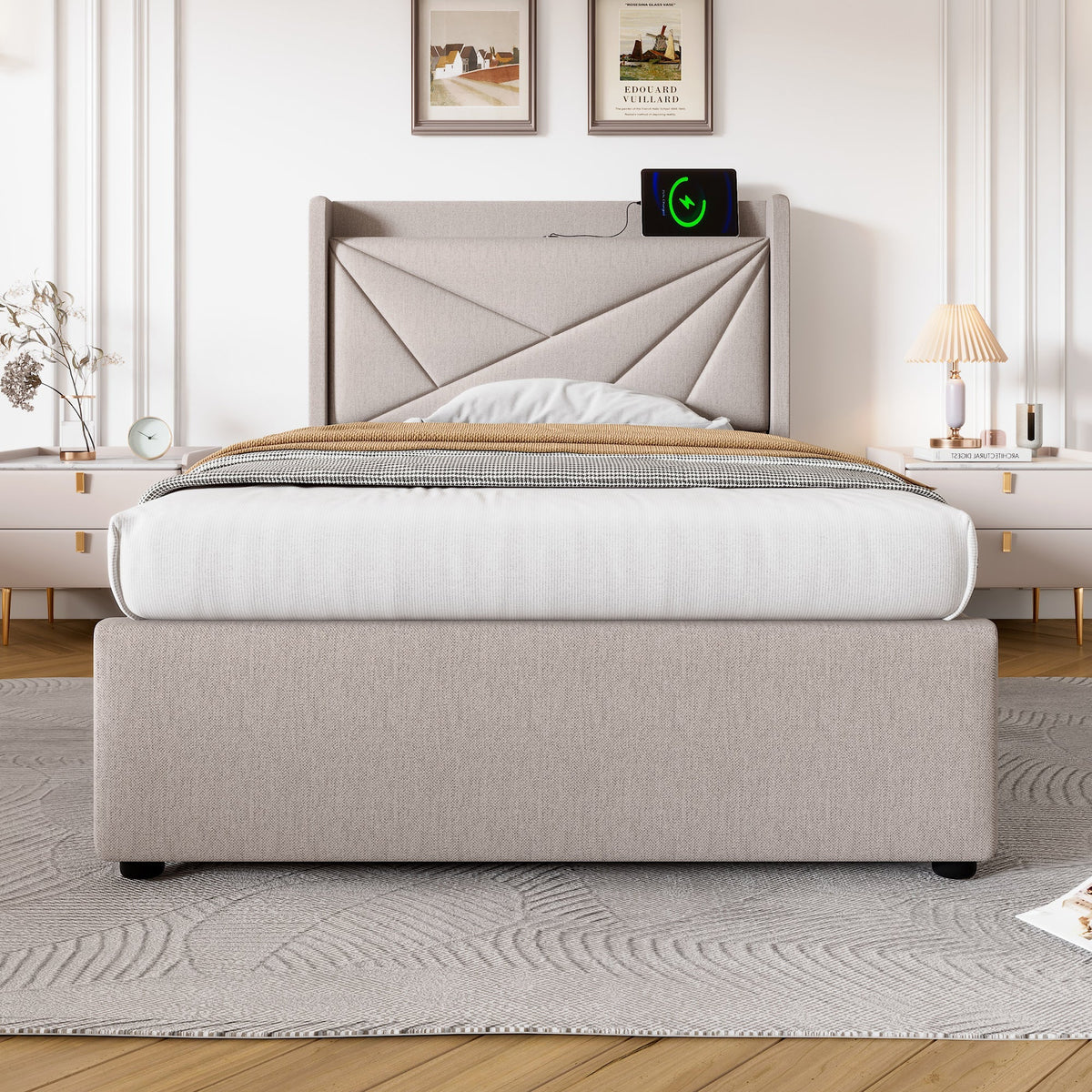 Upholstered Bed, Single with Storage & USB Type-C Headboard, Linen