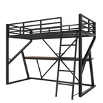 Loft Bed 90x200cm with Desk & LED Strip, Black Iron Frame