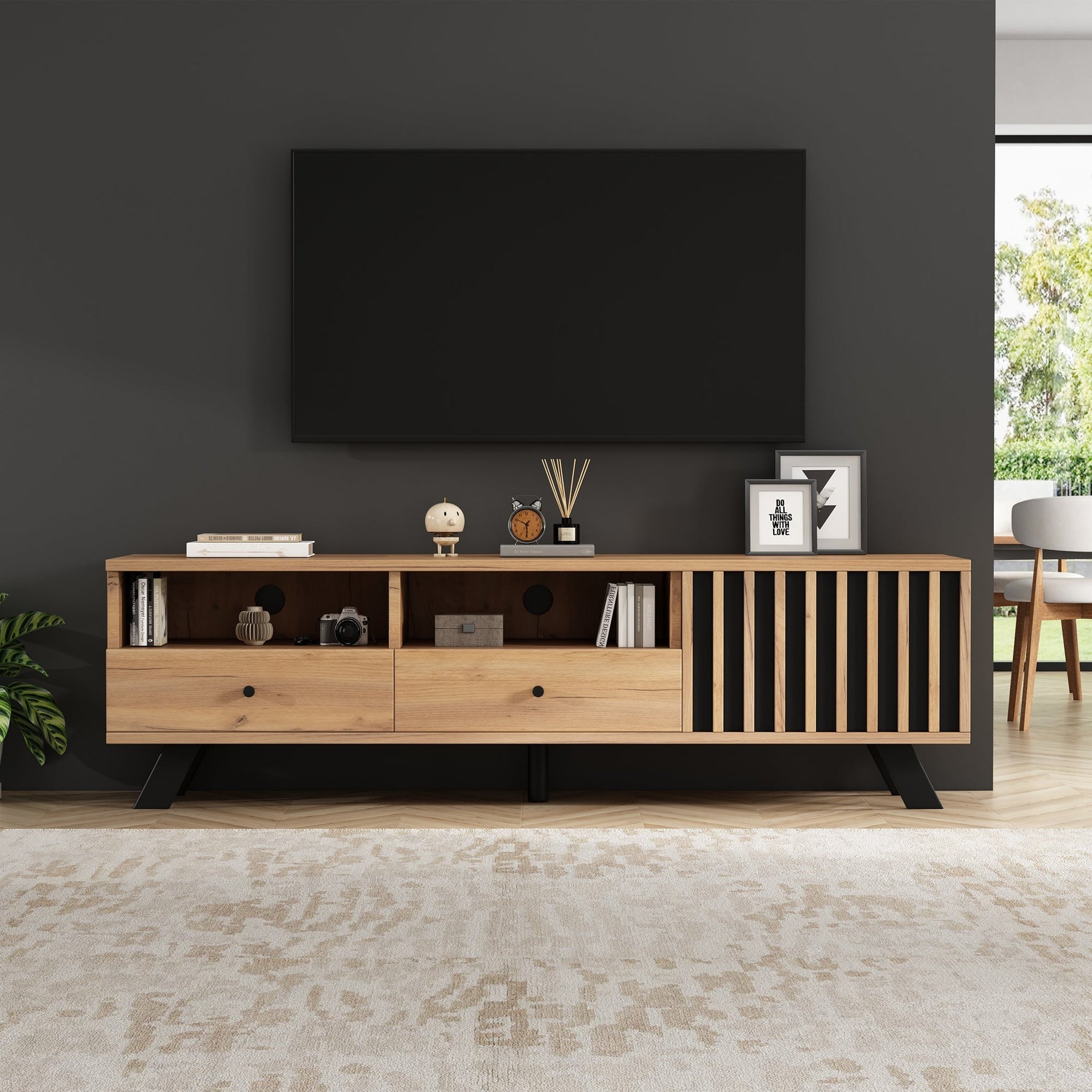 TV Cabinet 150cm with 2 Drawers, Lowboard for 60-inch TV, Wood Color