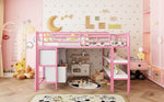 Children's Loft Bed with Metal Frame, Storage Drawers and Shelves, Pink
