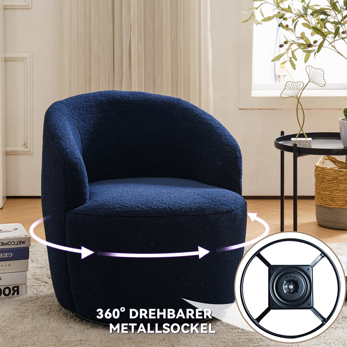 Swivel Accent Chair, Teddy Fabric Barrel Chair, Blue