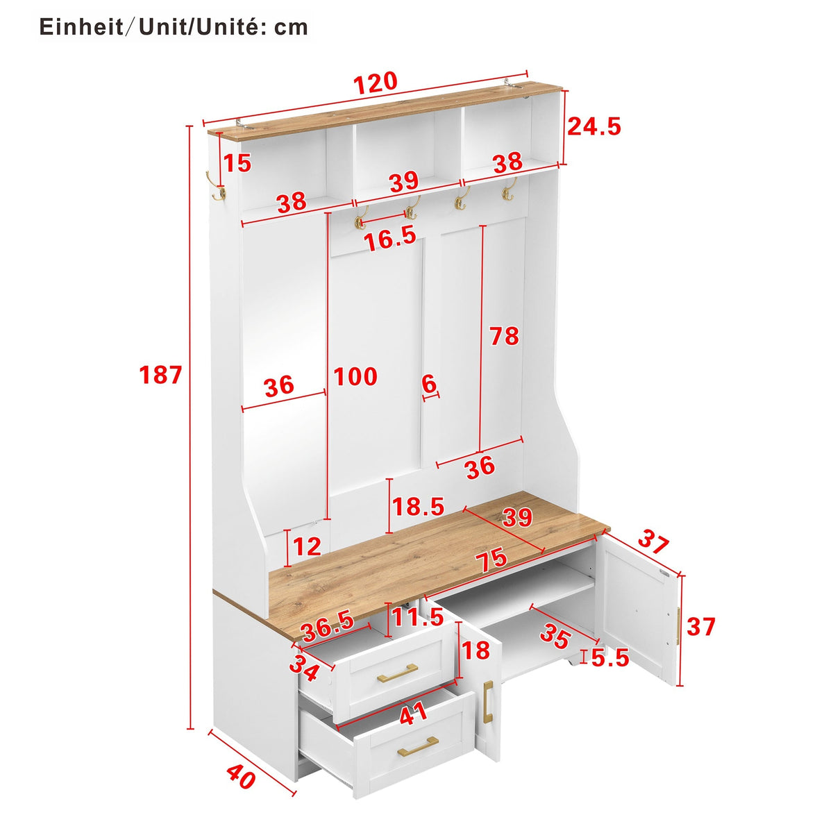 Hallway & Shoe Cabinet, LED, Mirror, Hooks, Drawers, Wood White