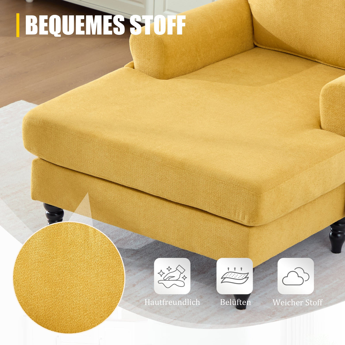 Single Sofa Lounger with Side Pockets and Wooden Legs, Chenille Fabric