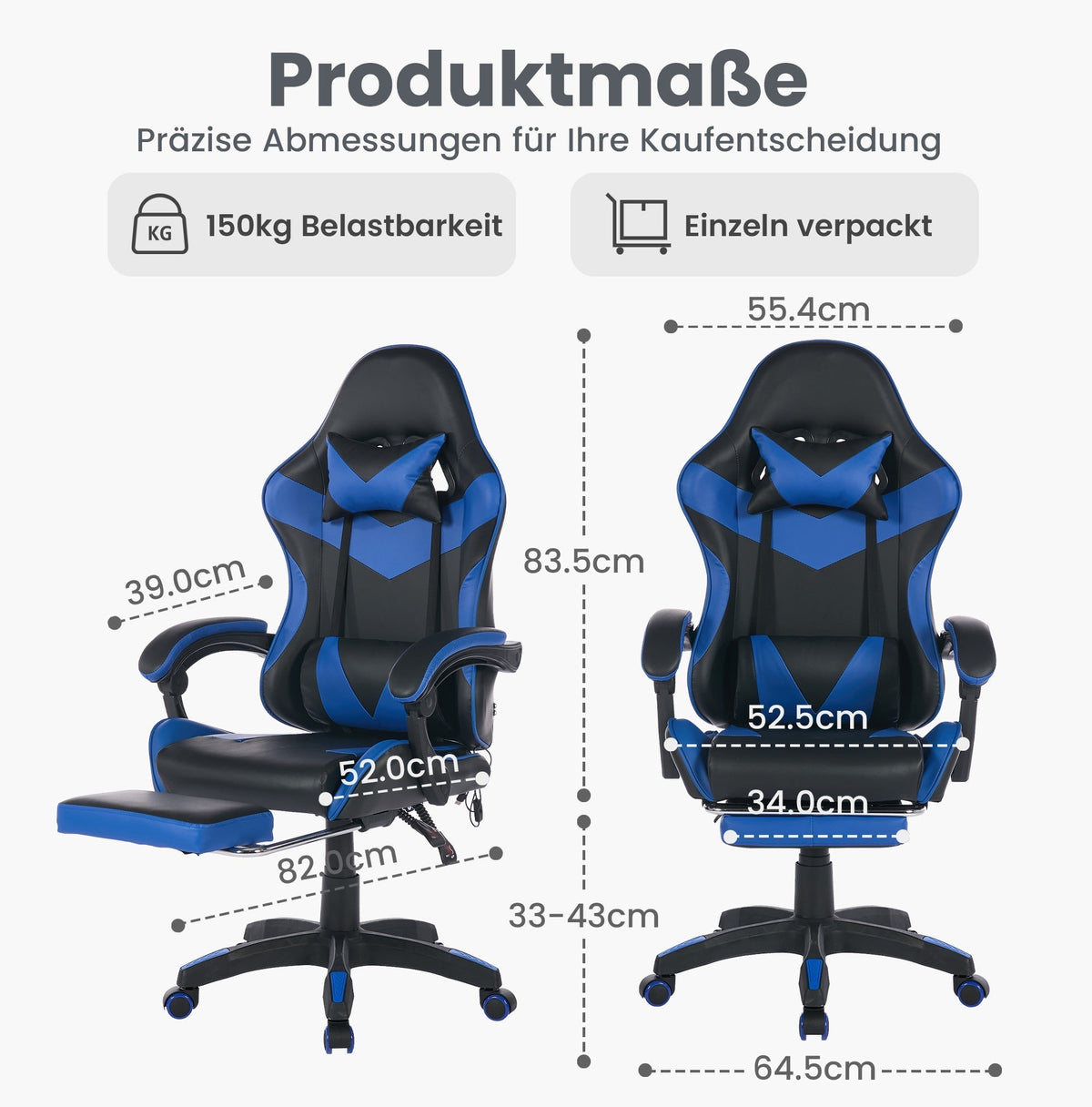 Gaming Chair Ergonomic Racing High-Back with Footrest Headrest Lumbar Support - Black & Blue Leather