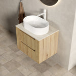 Floating Bathroom Vanity Unit with Oval Sink and Sintered Stone Top, White Oak Wood Grain