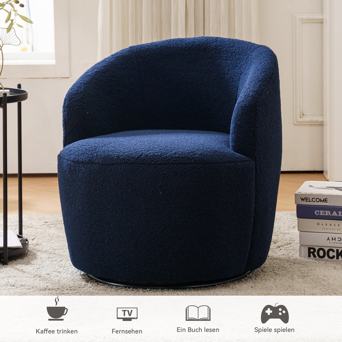 Swivel Accent Chair, Teddy Fabric Barrel Chair, Blue