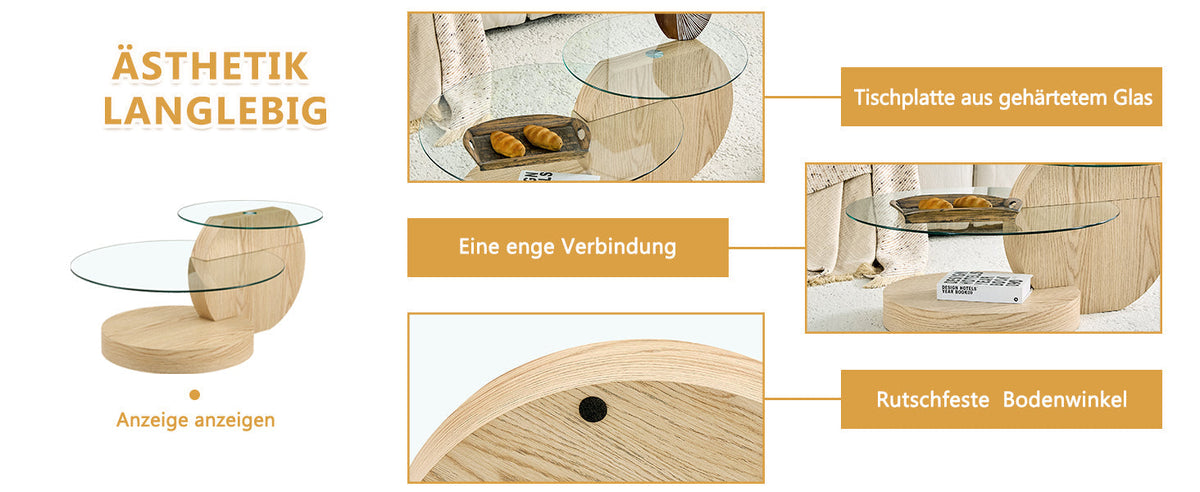 Modern Minimalist Two-Tiered Coffee Table with Safety Glass and Multi-Layered Design, Light Wood Grain MDF